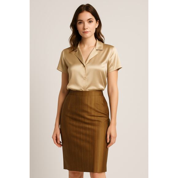 Moda International 100% Silk Pencil Skirt Brown Gold Size 4 - Picture 1 of 6